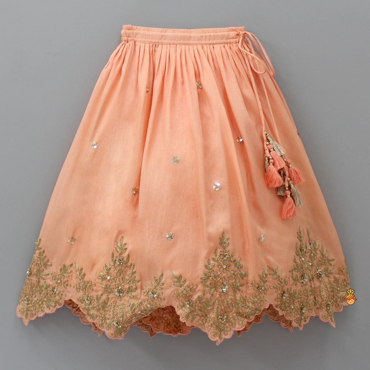 Pre Order: Embroidered Peach Tie-Up Strap Top And Pleated Lehenga