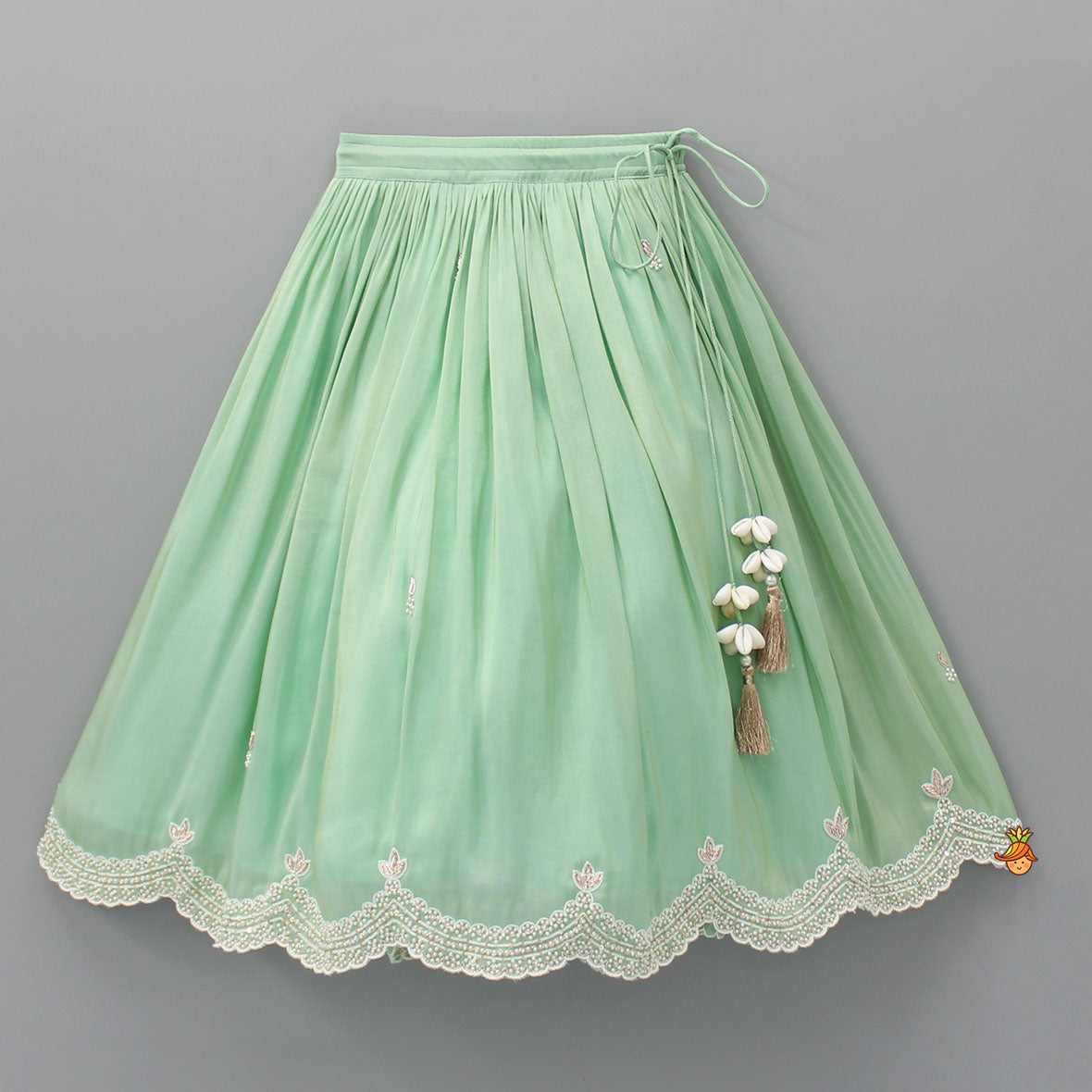 Pre Order: Embroidered Green Top And Pleated Lehenga