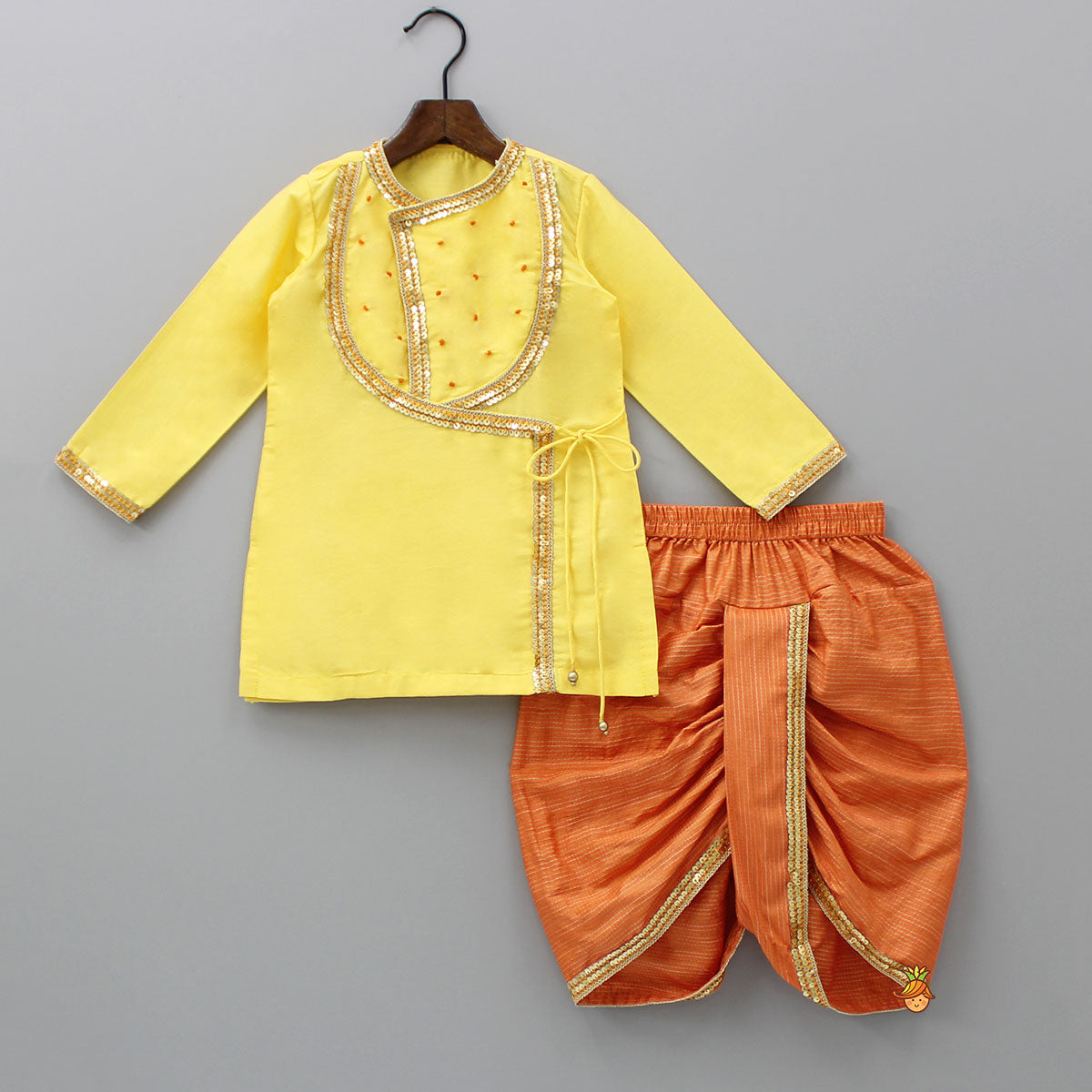 Pre Order: Angarkha Style Yellow Kurta And Orange Dhoti