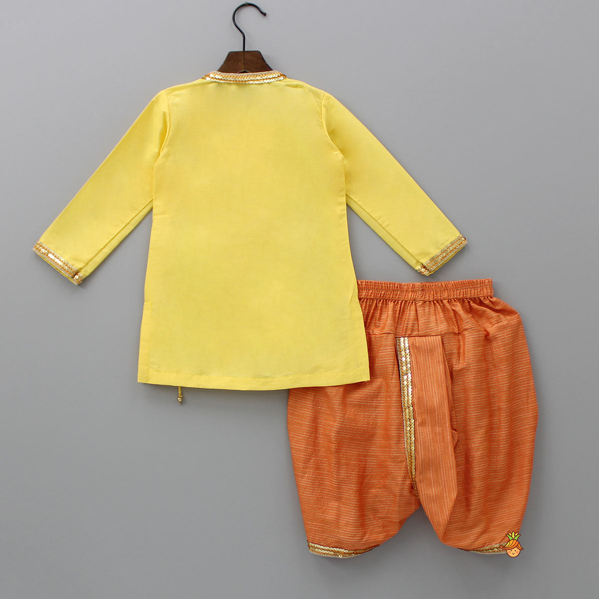 Pre Order: Angarkha Style Yellow Kurta And Orange Dhoti