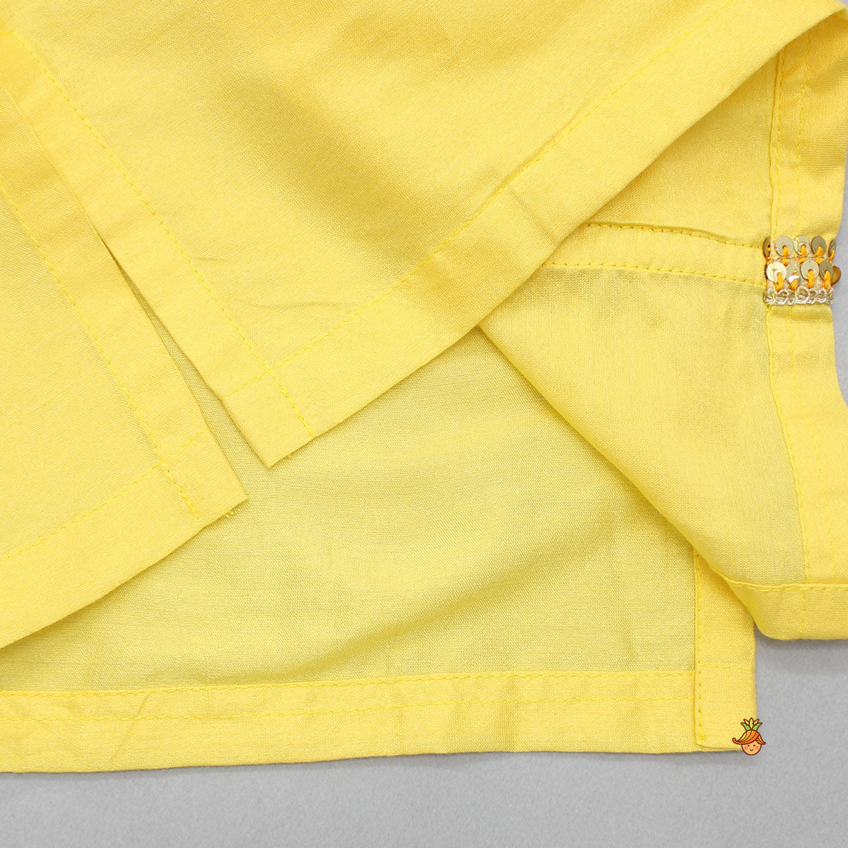 Pre Order: Angarkha Style Yellow Kurta And Orange Dhoti