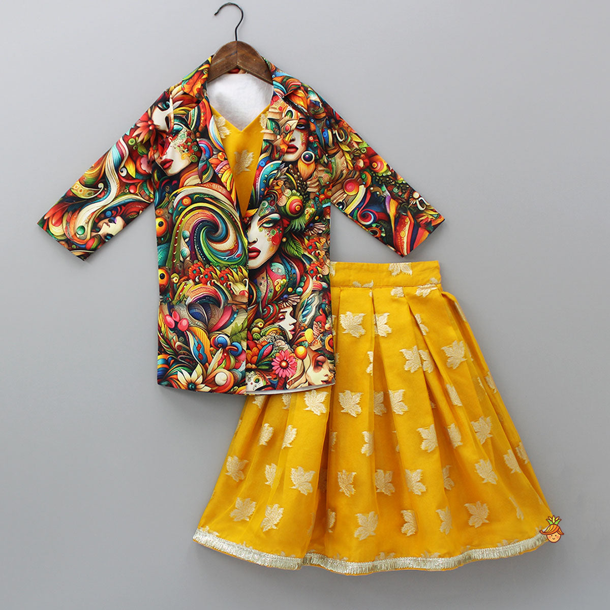 Pre Order: Top And Multicolored Jacket With Box Pleated Lehenga