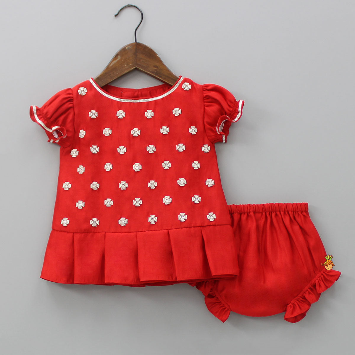 Pre Order: Embroidered Yoke Red Top And Bloomer