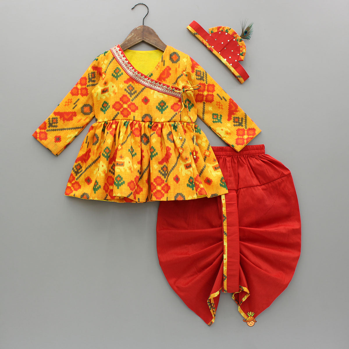 Pre Order: Patola Printed Angarkha Style Kurta And Dhoti With Mukut