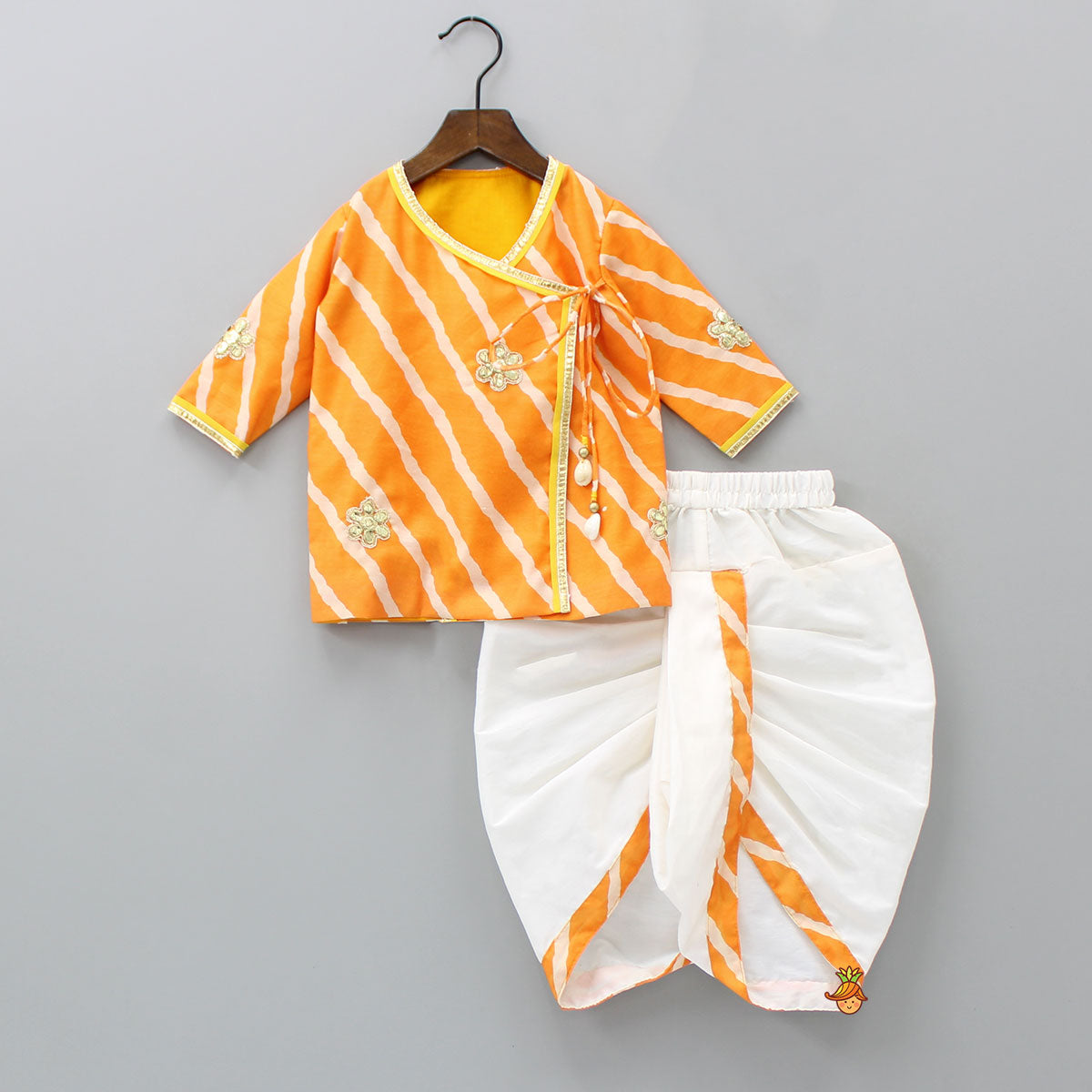 Pre Order: Leheriya Printed Angarkha Style Orange Kurta And Dhoti With Mukut