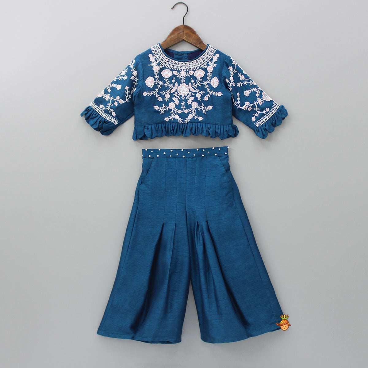 Pre Order: Floral Embroidered Blue Top And Palazzo