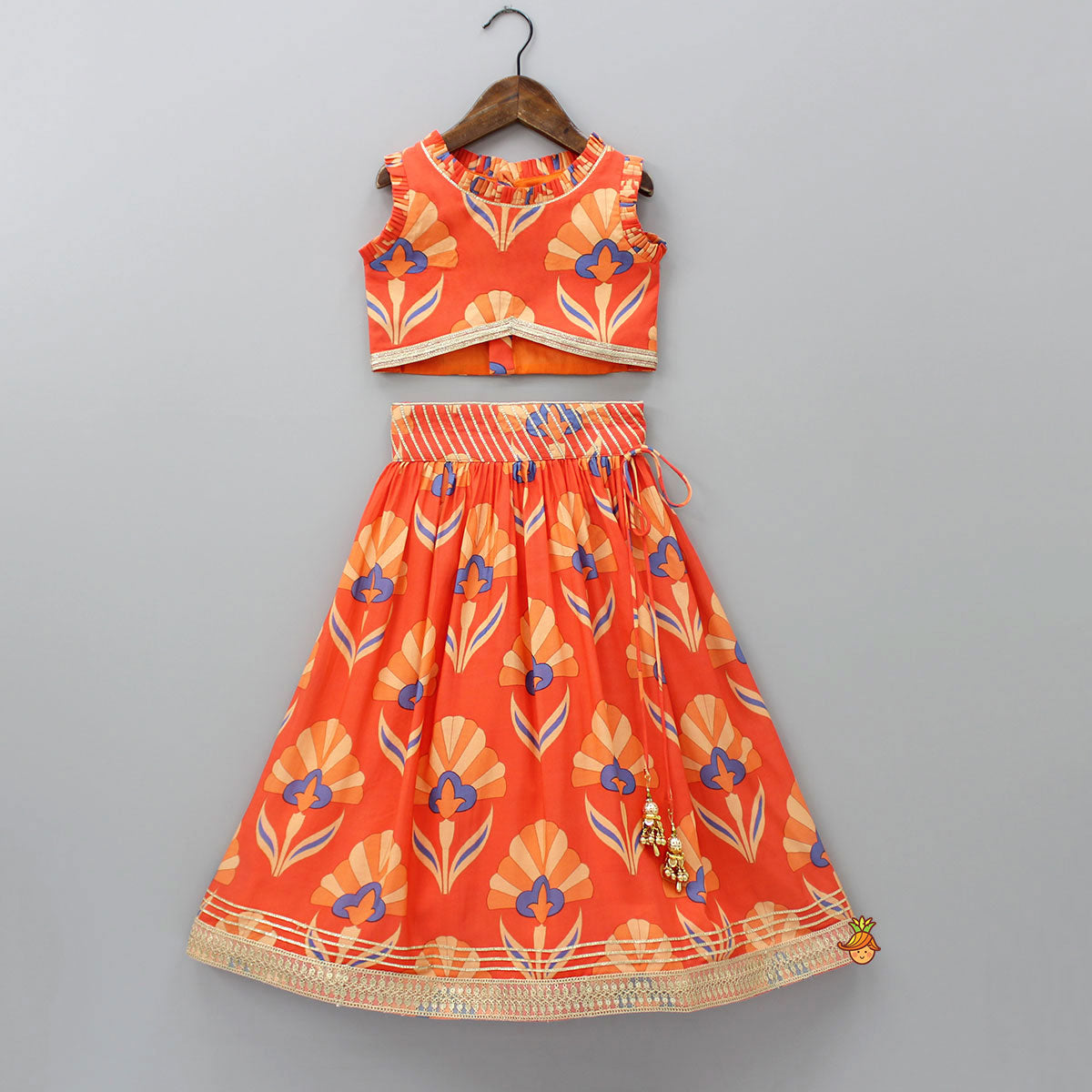 Pre Order: Floral Printed Orange Top And Lehenga