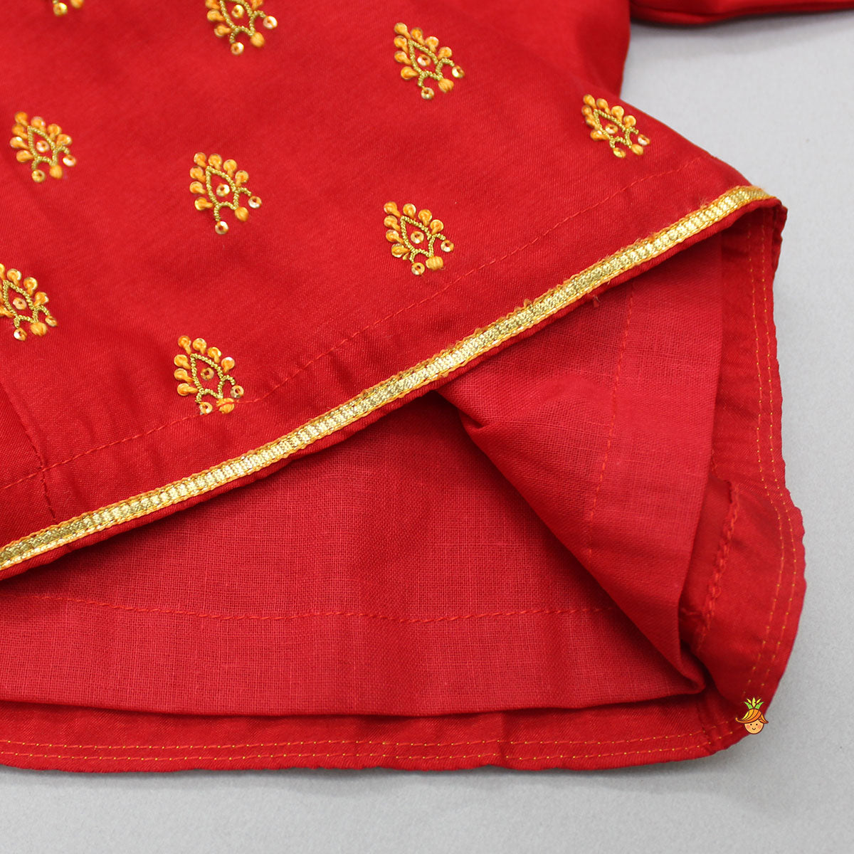 Pre Order: Red Embroidered Angarkha And Bandhani Printed Dhoti