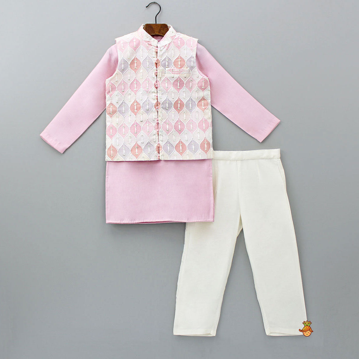 Pre Order: Pink Kurta With Multicoloured Embroidered Jacket And Pyjama