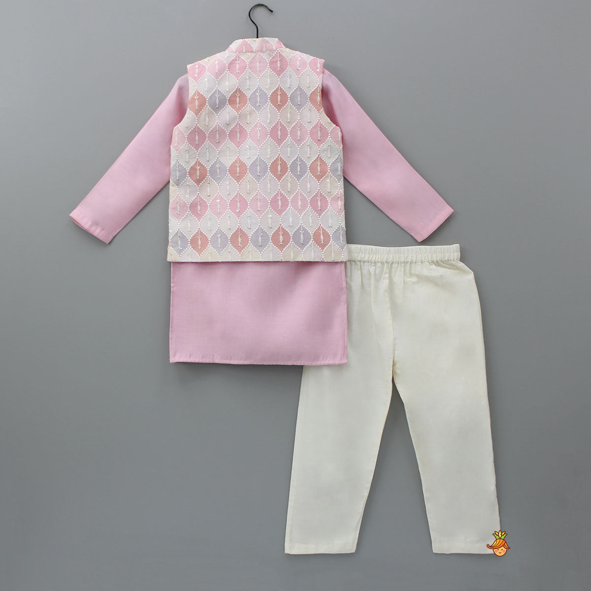 Pre Order: Pink Kurta With Multicoloured Embroidered Jacket And Pyjama