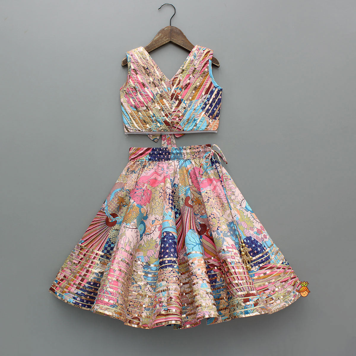 Pre Order: Multicolour Printed Lace Detailing Top And Flared Lehenga