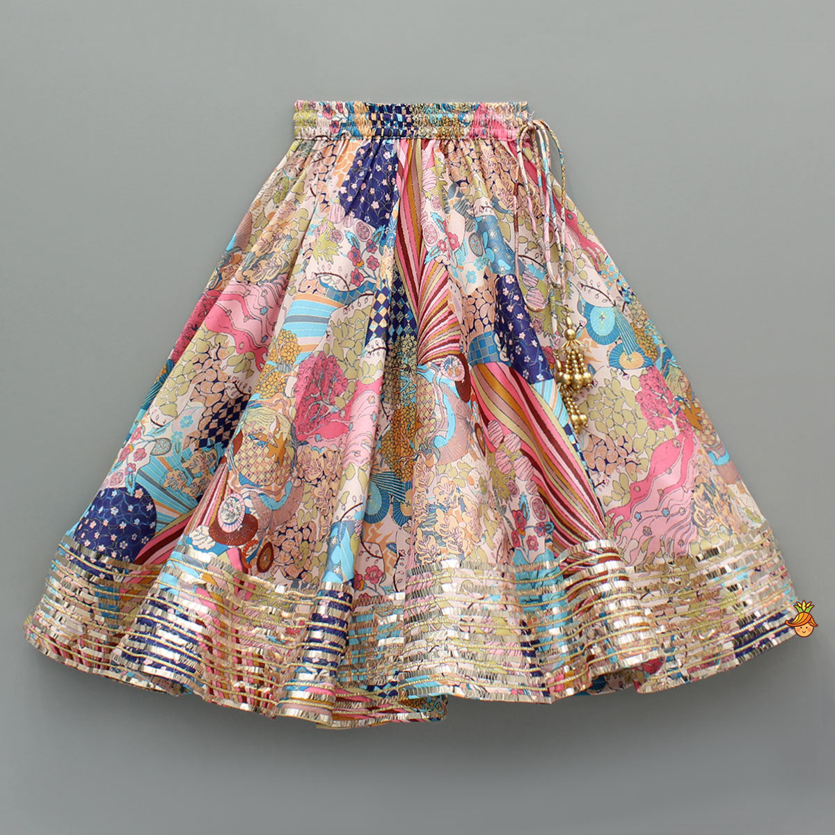 Pre Order: Multicolour Printed Lace Detailing Top And Flared Lehenga