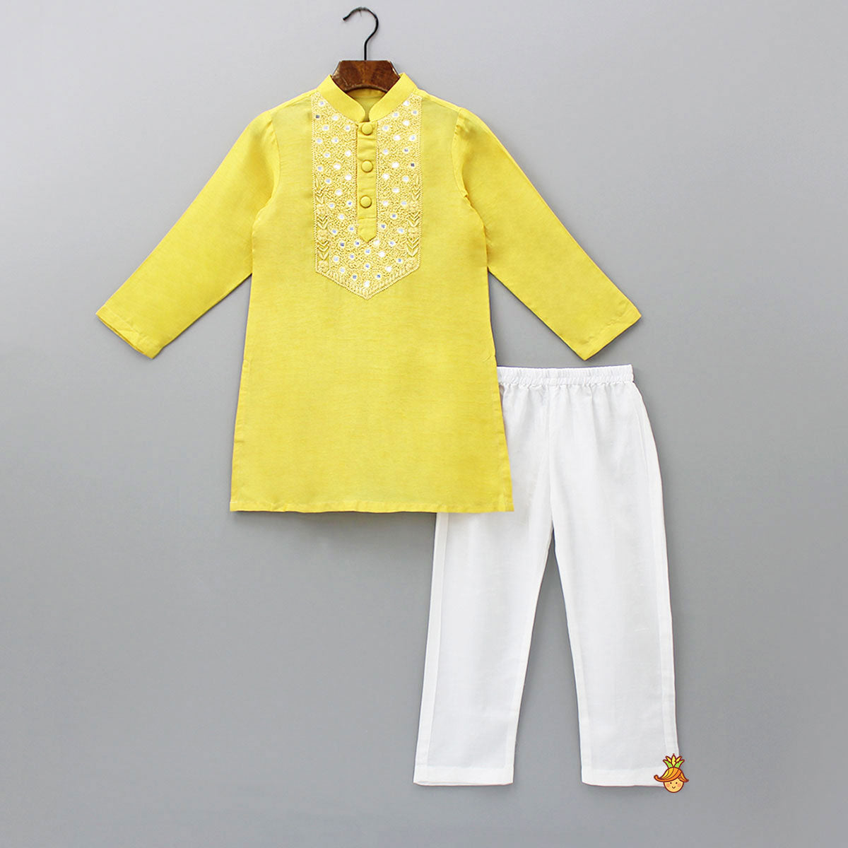 Pre Order: Thread Embroidered Yellow Kurta And Pyjama