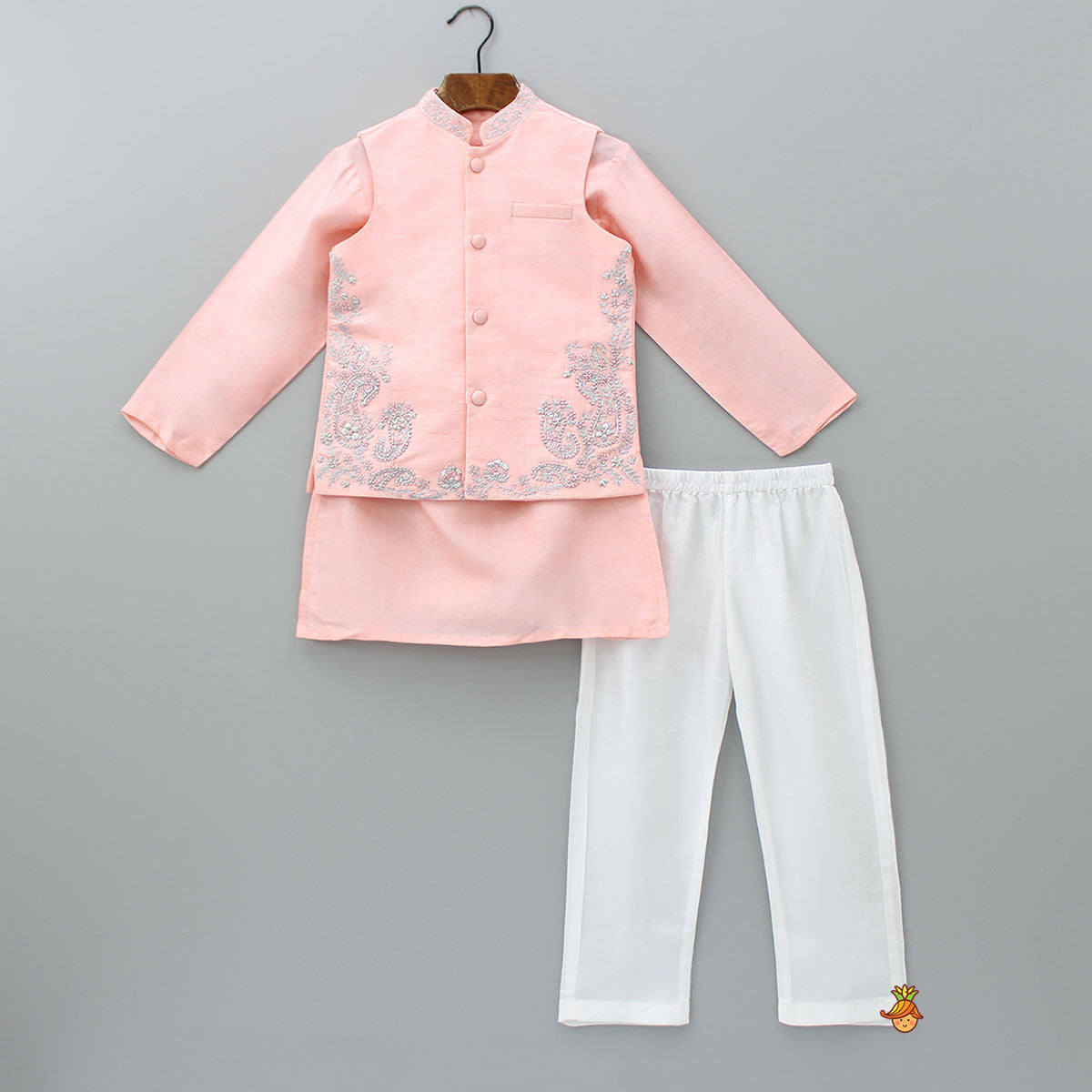 Pre Order: Peach Kurta And Embroidered Jacket With Pyjama