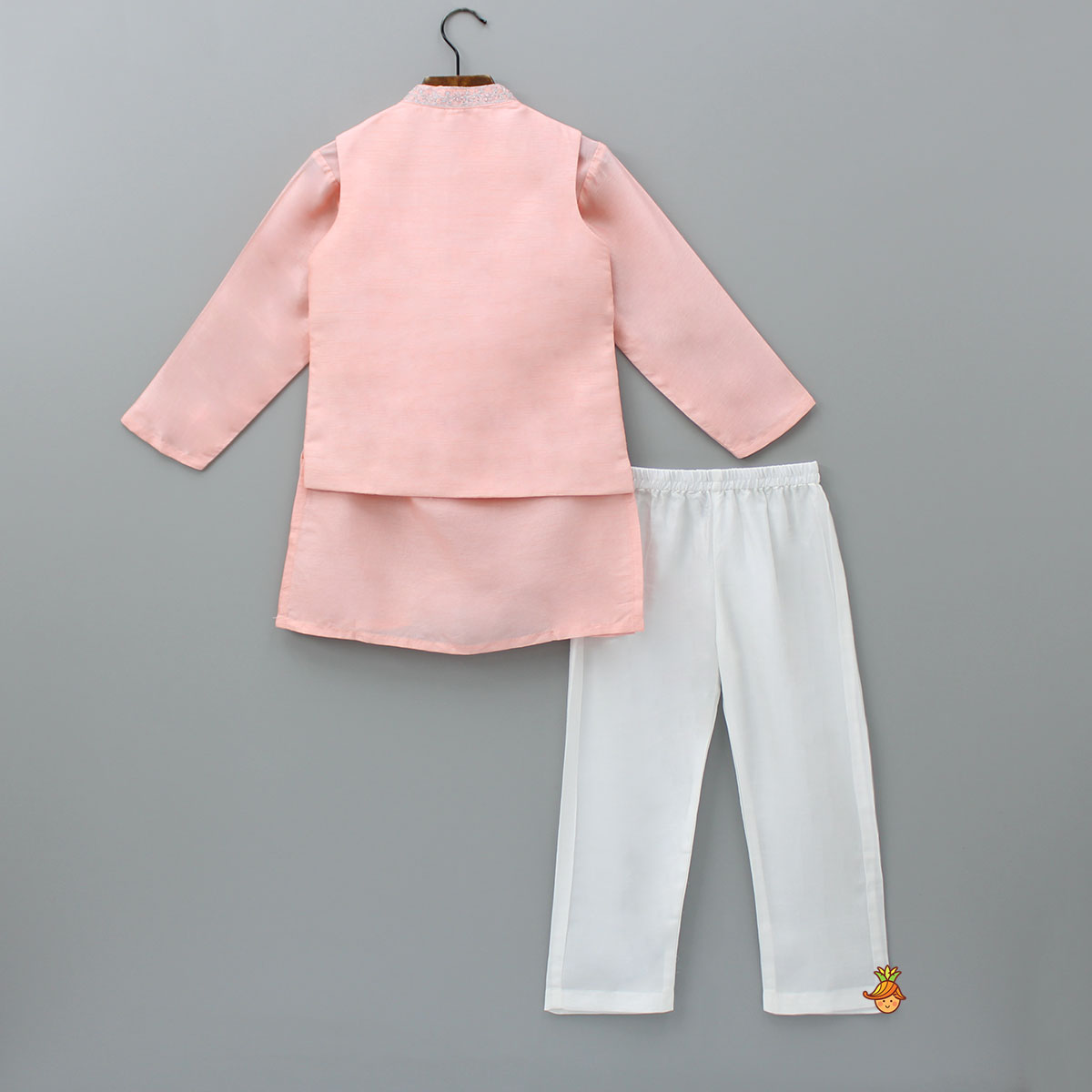 Pre Order: Peach Kurta And Embroidered Jacket With Pyjama