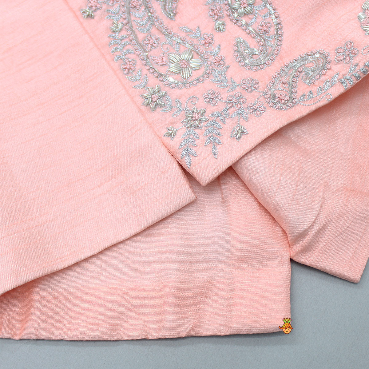 Pre Order: Peach Kurta And Embroidered Jacket With Pyjama