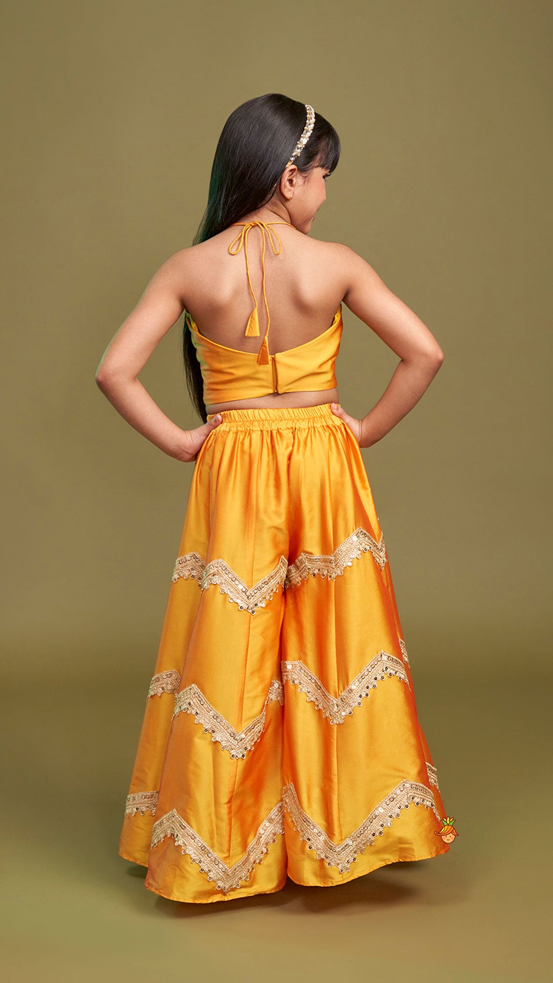 Pre Order: Halter Neck Top And Flared Palazzo With Net Dupatta