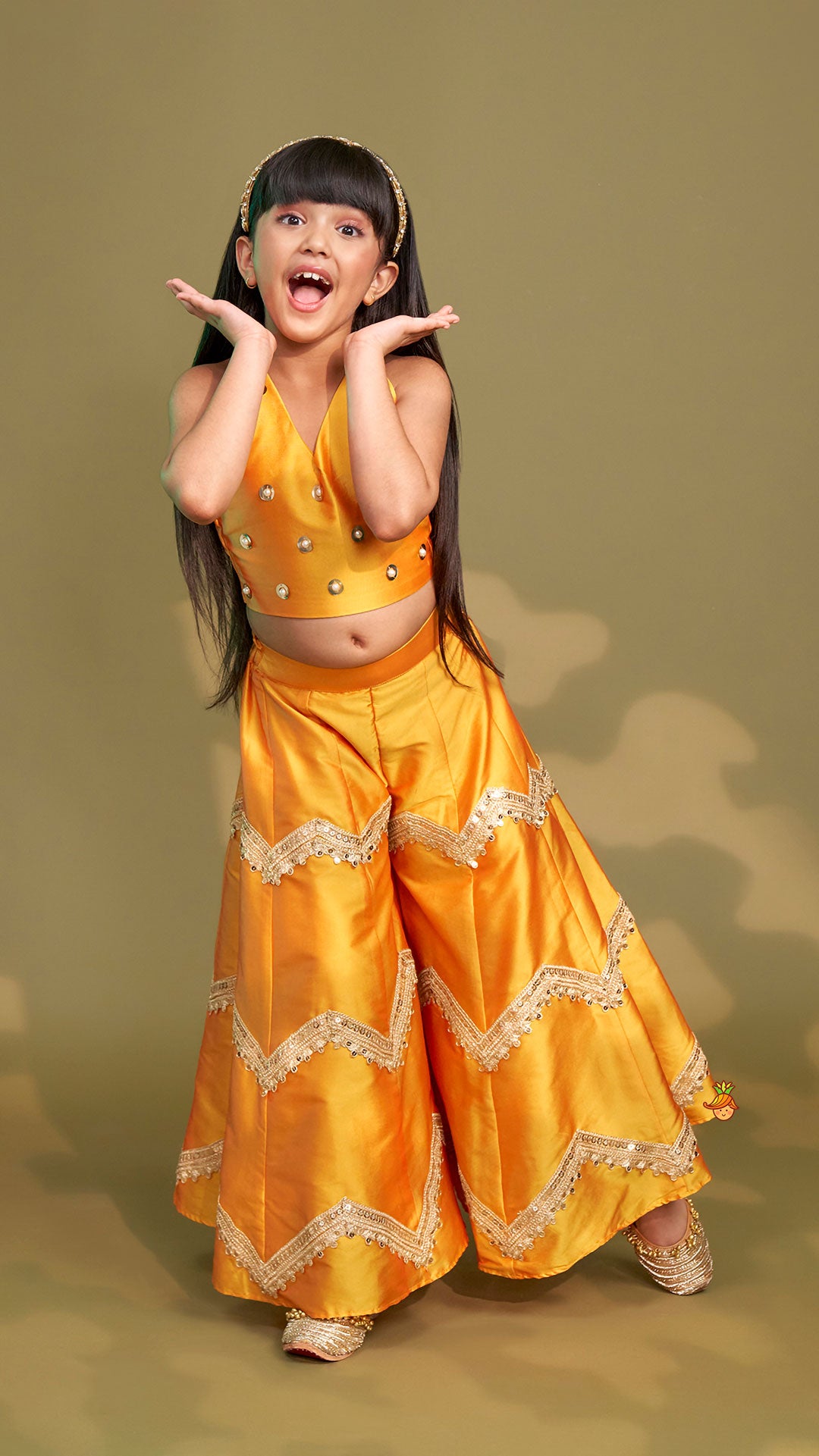 Pre Order: Halter Neck Top And Flared Palazzo With Net Dupatta