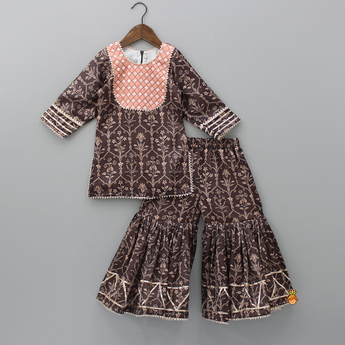 Pre Order: Printed Gota Lacework Detailing Brown Kurti And Sharara With Net Dupatta