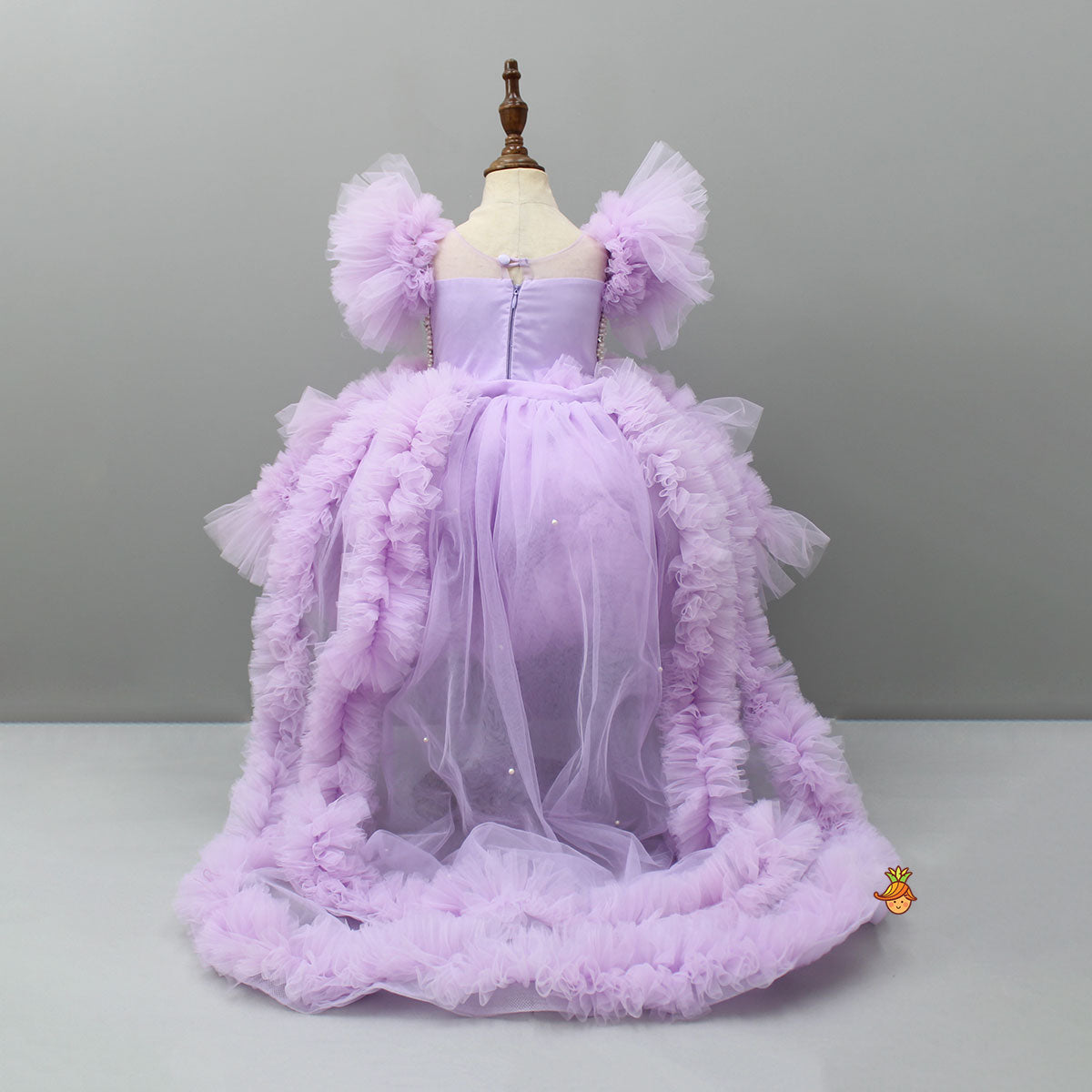 Pre Order: Embellished Layered Lilac Dress With Detachable Trail And Bow With Swirled Bowie Headband