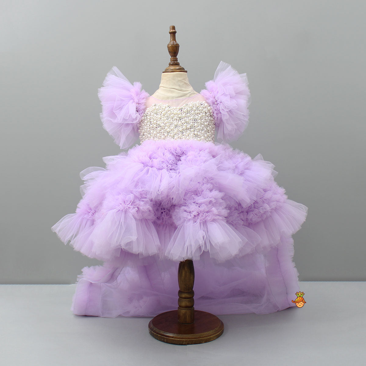 Pre Order: Embellished Layered Lilac Dress With Detachable Trail And Bow With Swirled Bowie Headband