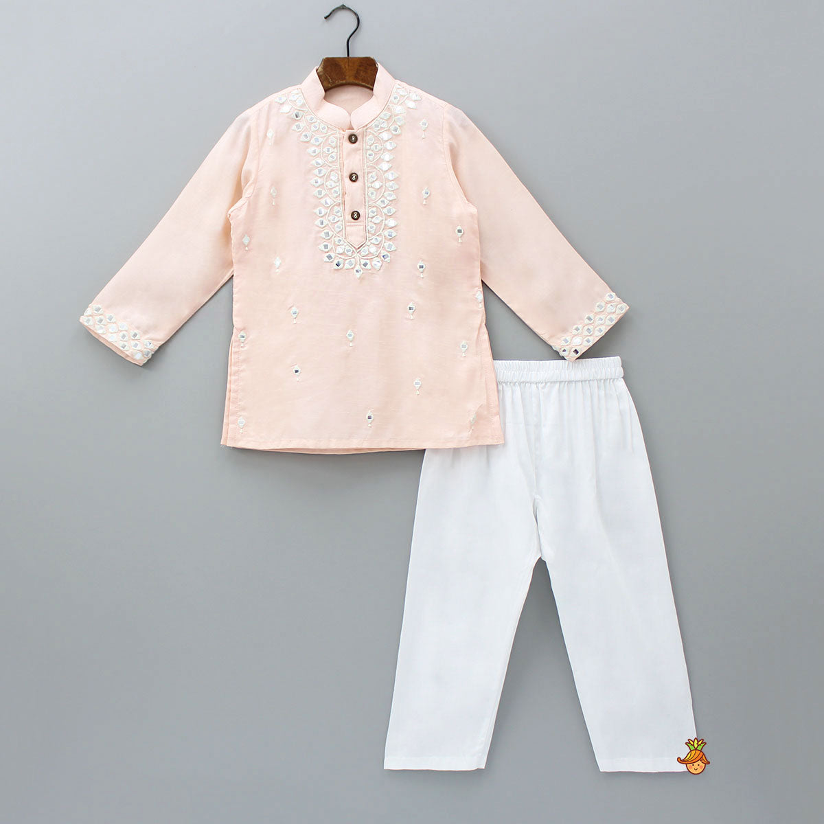 Pre Order: Thread Embroidered Mandarin Collar Peach Kurta And Pyjama