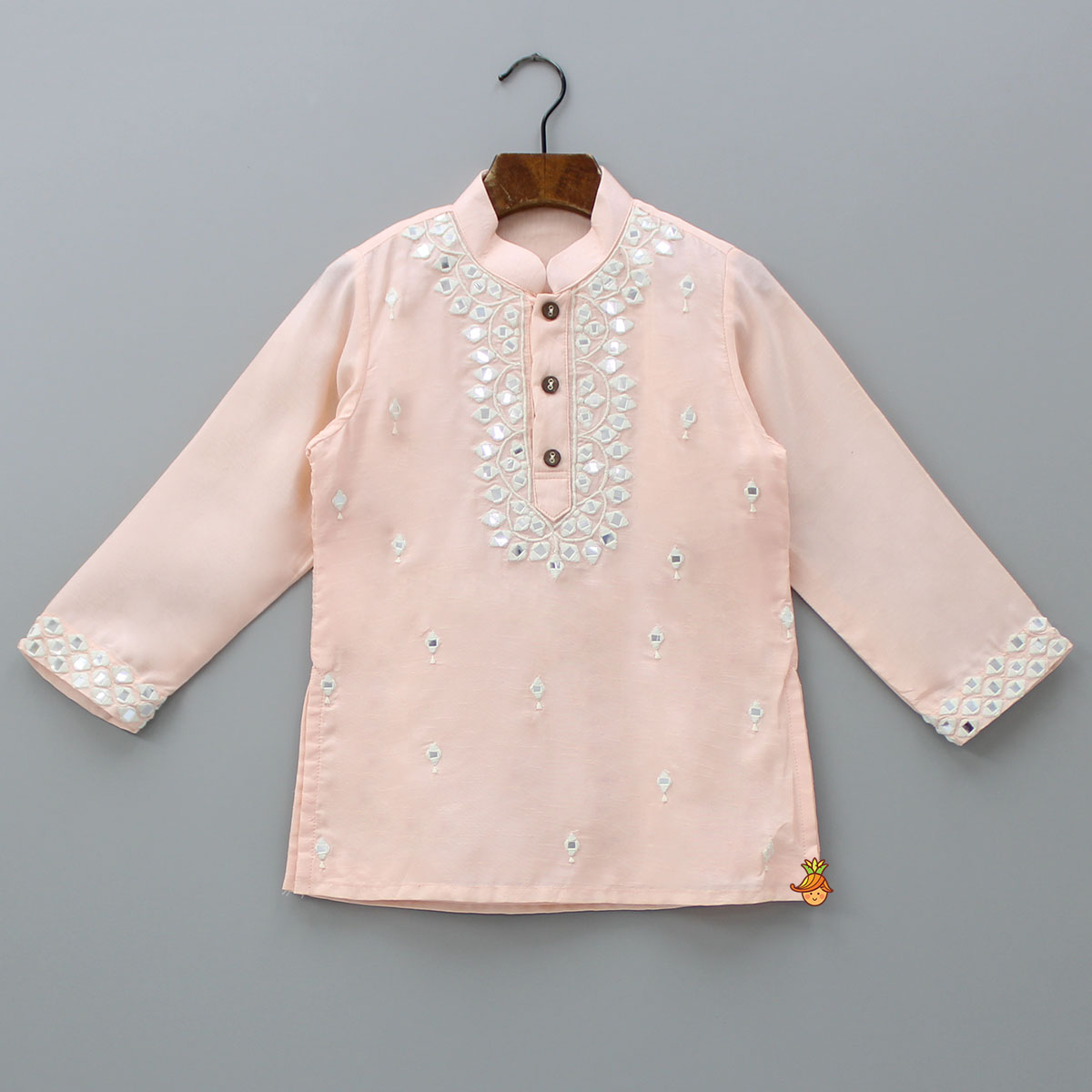 Pre Order: Thread Embroidered Mandarin Collar Peach Kurta And Pyjama