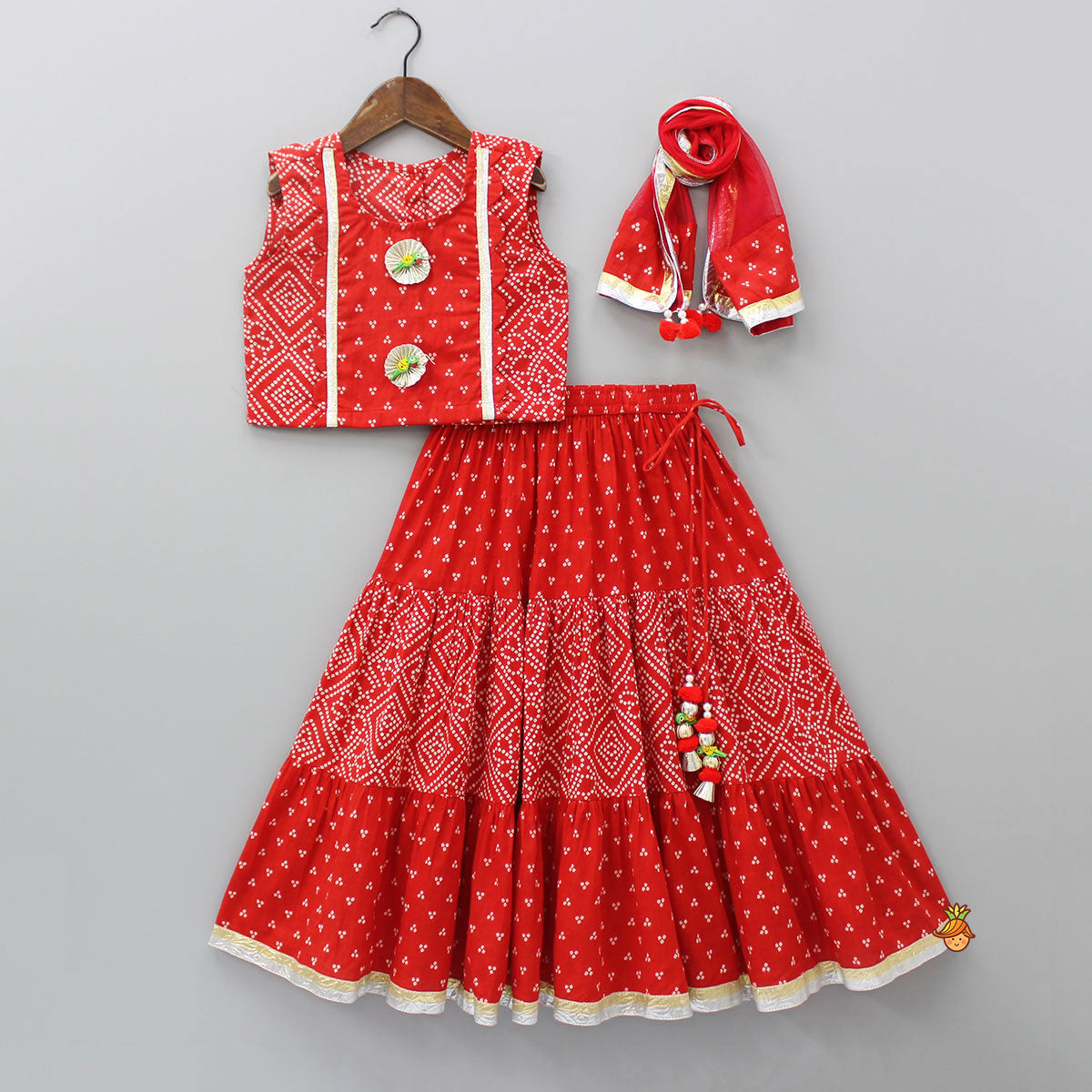 Pre Order: Printed Red Top And Lehenga With Net Dupatta