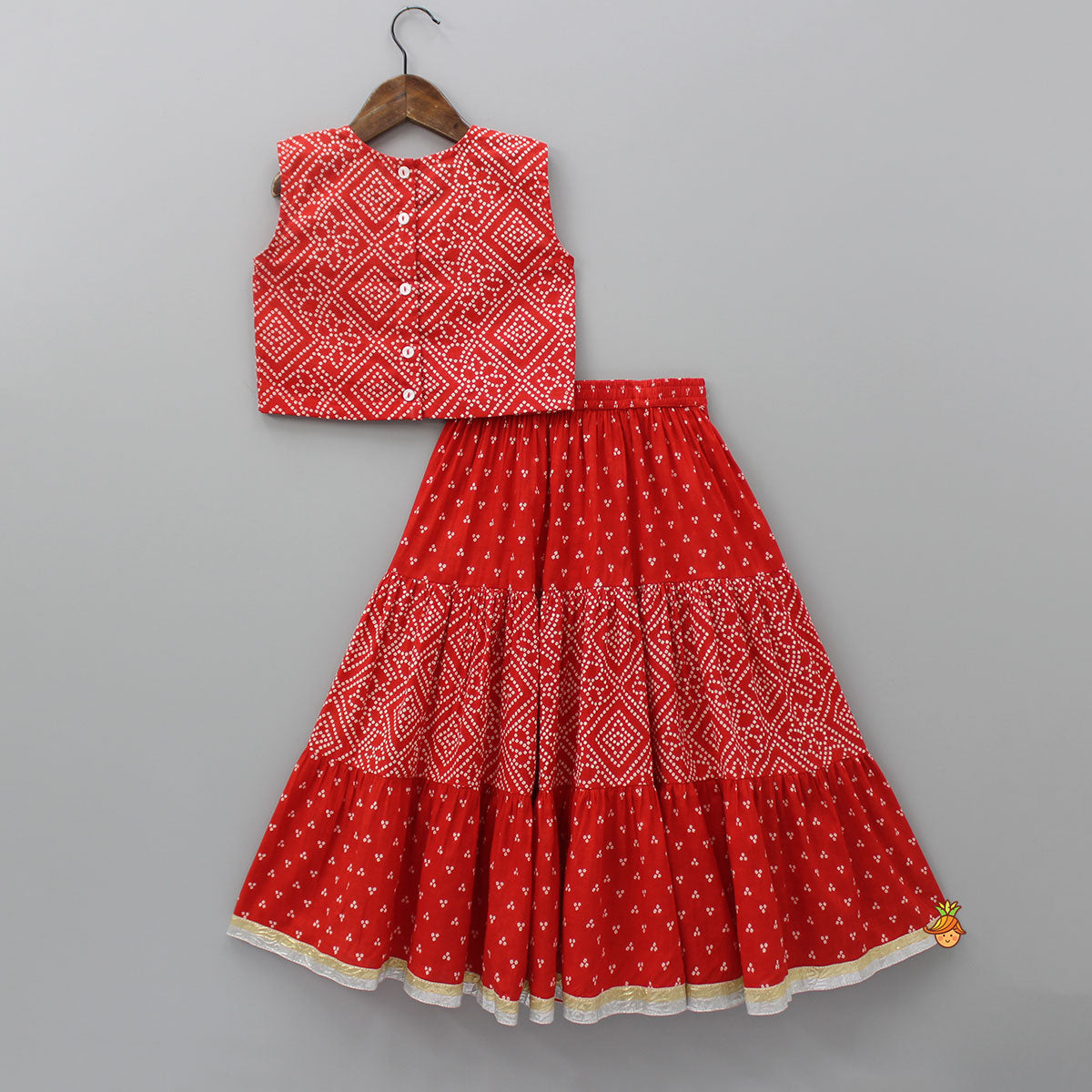 Pre Order: Printed Red Top And Lehenga With Net Dupatta