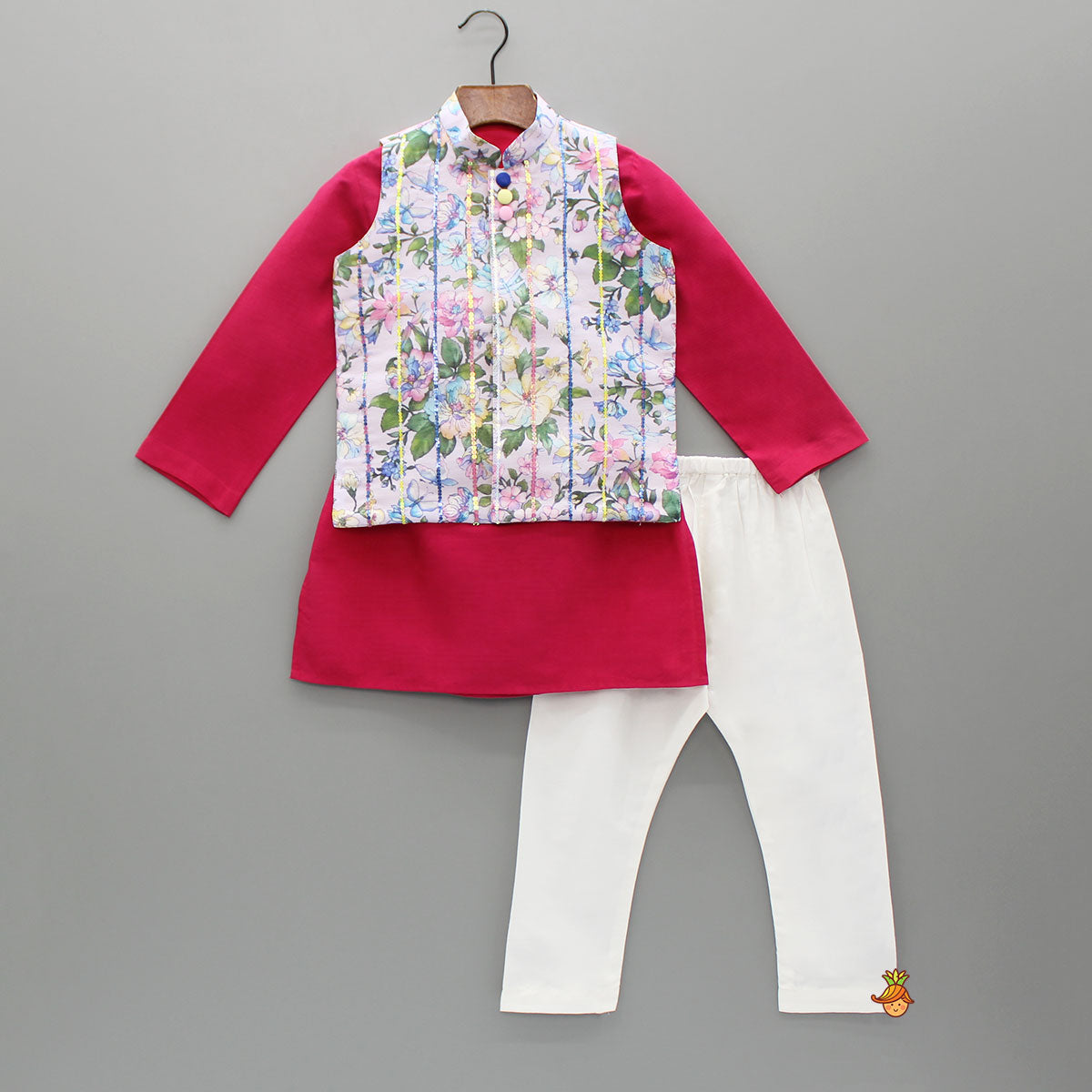 Pre Order: Plain Kurta And Floral Printed Jacket With Pyjama