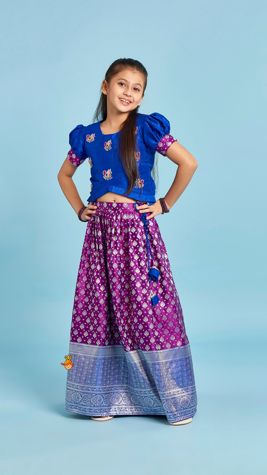 Pre Order: Embroidered Top And Box Pleated Brocade Lehenga