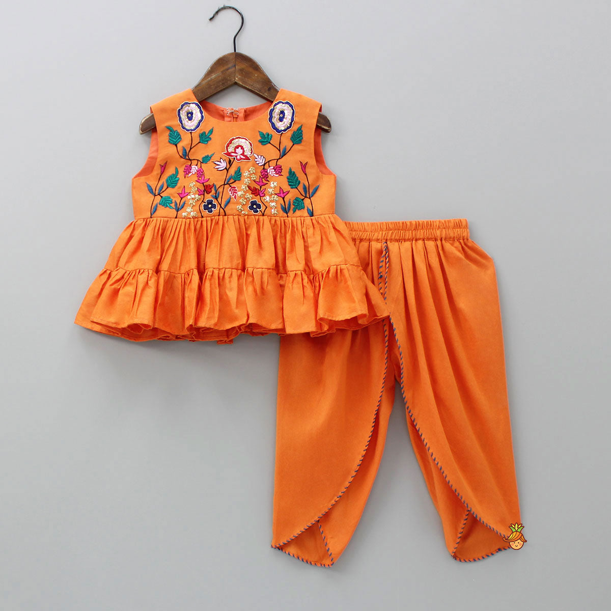 Pre Order: Embroidered Orange Kurti And Dhoti