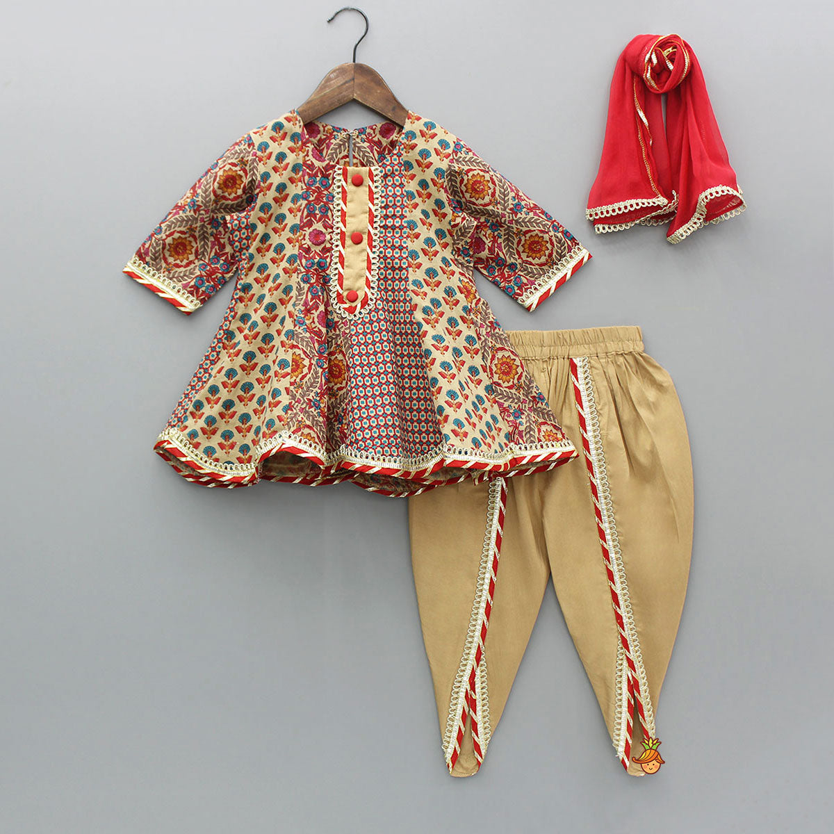 Multicolour Printed Kurti And Dhoti With Dupatta