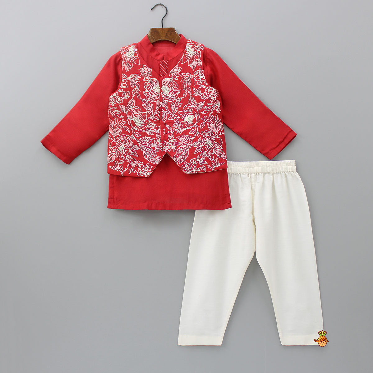 Pre Order: Embroidered Red Jacket With Kurta And Pyjama