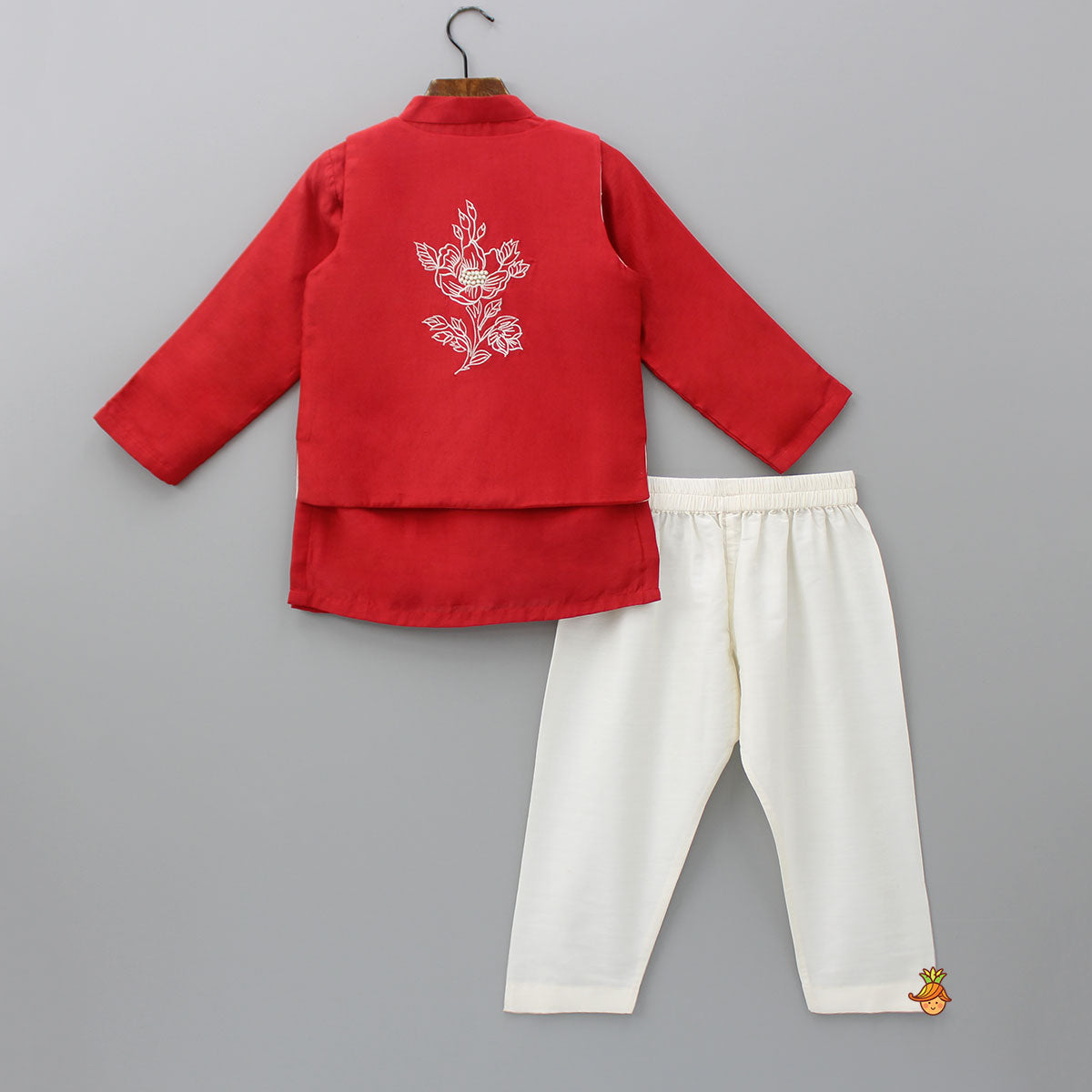 Pre Order: Embroidered Red Jacket With Kurta And Pyjama