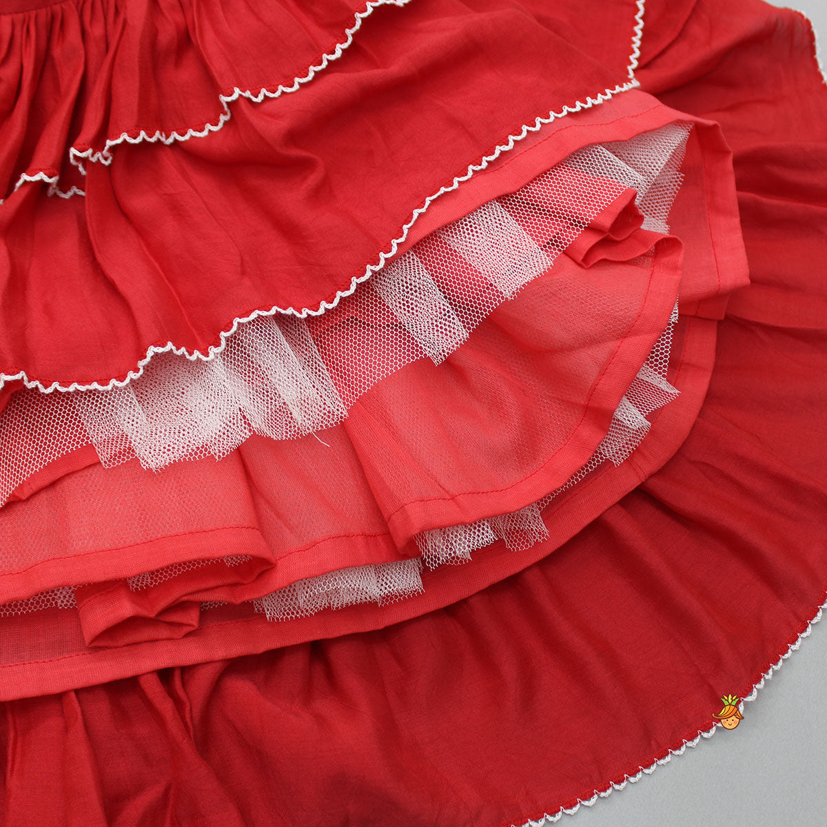 Pre Order: Embroidered Red Top And Pleated Frilly Hem Lehenga