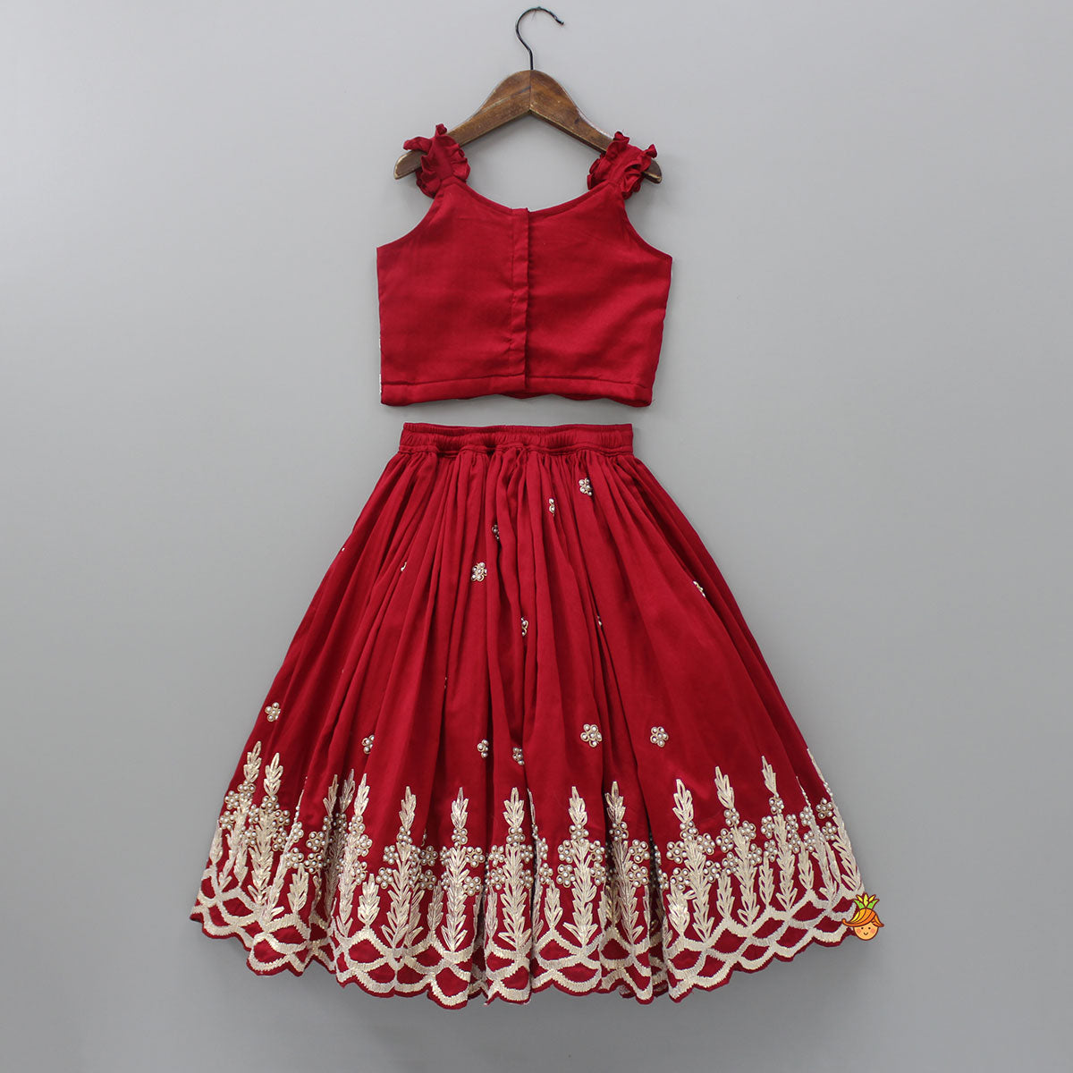 Pre Order: Embroidered Strappy Red Top And Pleated Lehenga