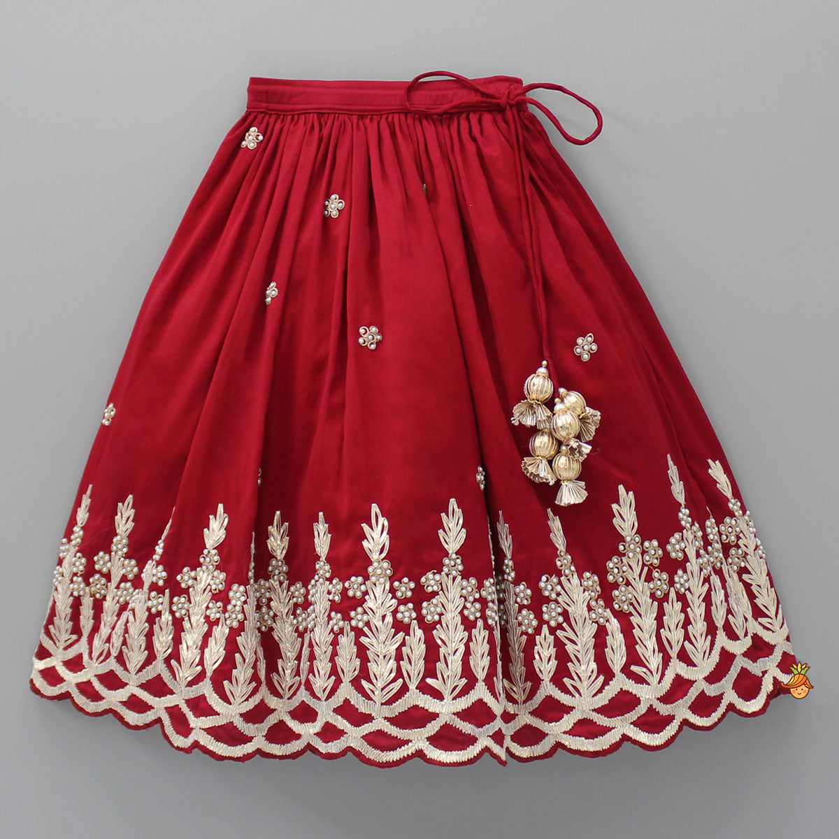 Pre Order: Embroidered Strappy Red Top And Pleated Lehenga