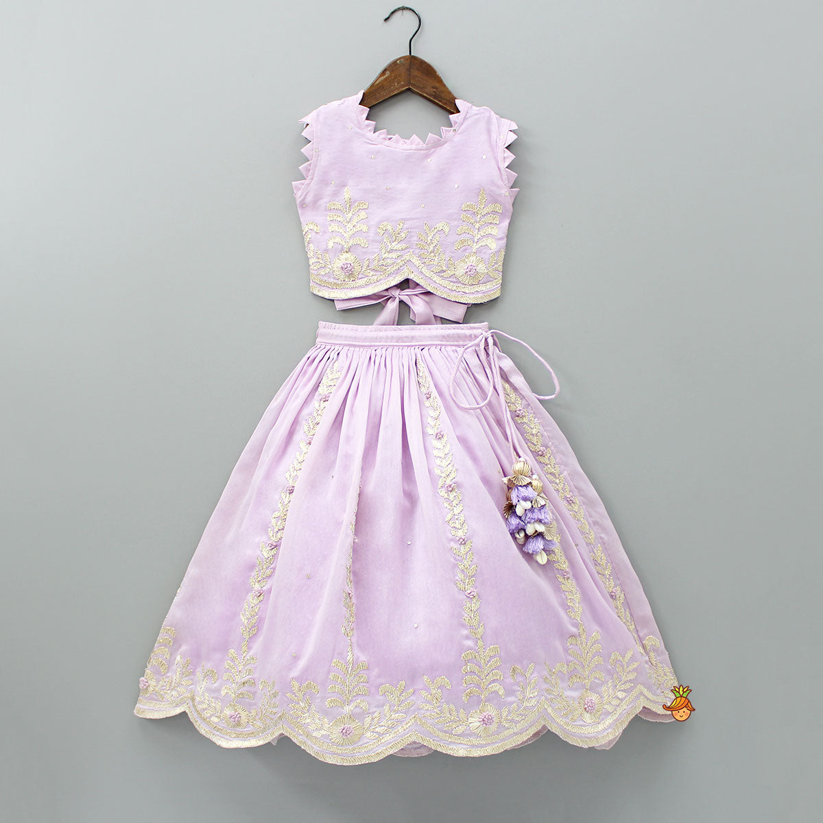 Pre Order: Embroidered Stylish Hem Lavender Top And Pleated Lehenga