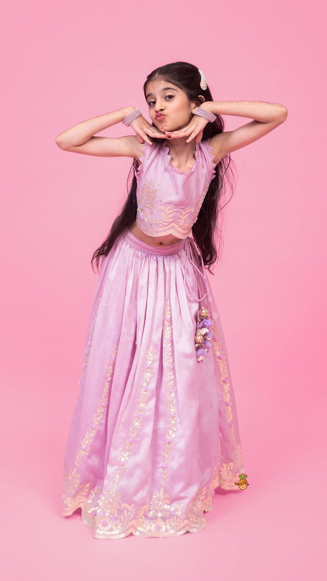 Pre Order: Embroidered Stylish Hem Lavender Top And Pleated Lehenga