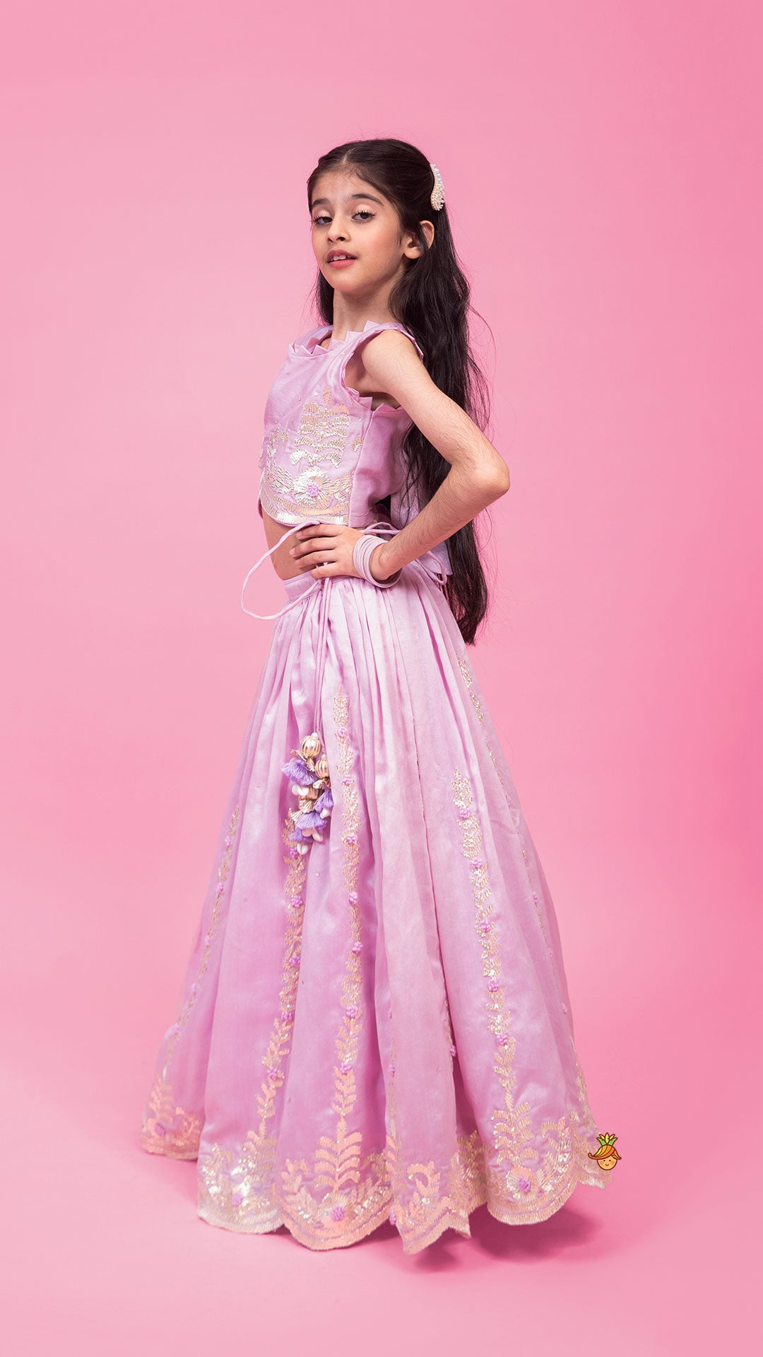 Pre Order: Embroidered Stylish Hem Lavender Top And Pleated Lehenga