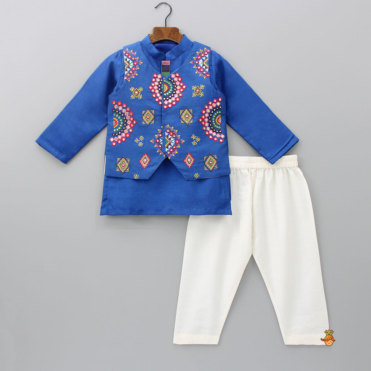 Pre Order: Blue Embroidered Jacket With Kurta And Pyjama