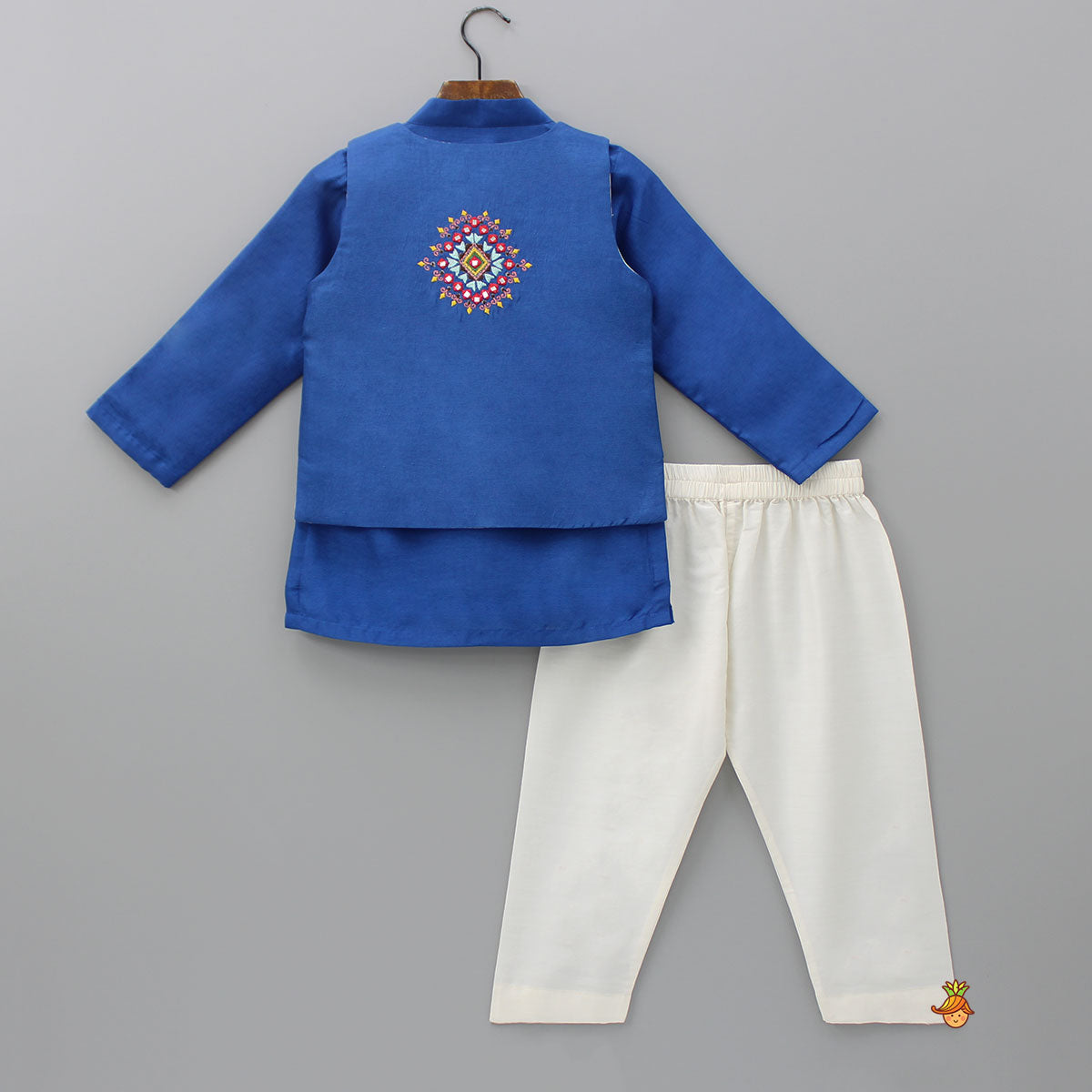 Pre Order: Blue Embroidered Jacket With Kurta And Pyjama