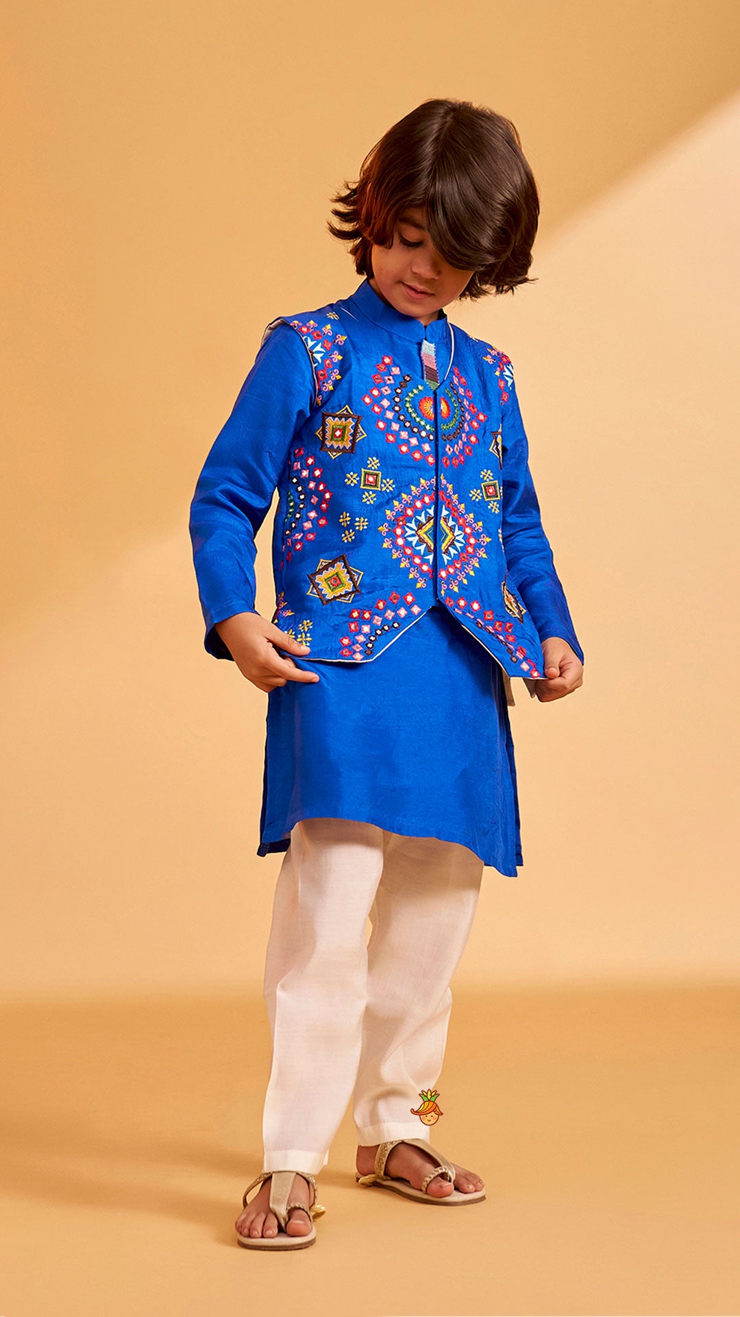 Pre Order: Blue Embroidered Jacket With Kurta And Pyjama