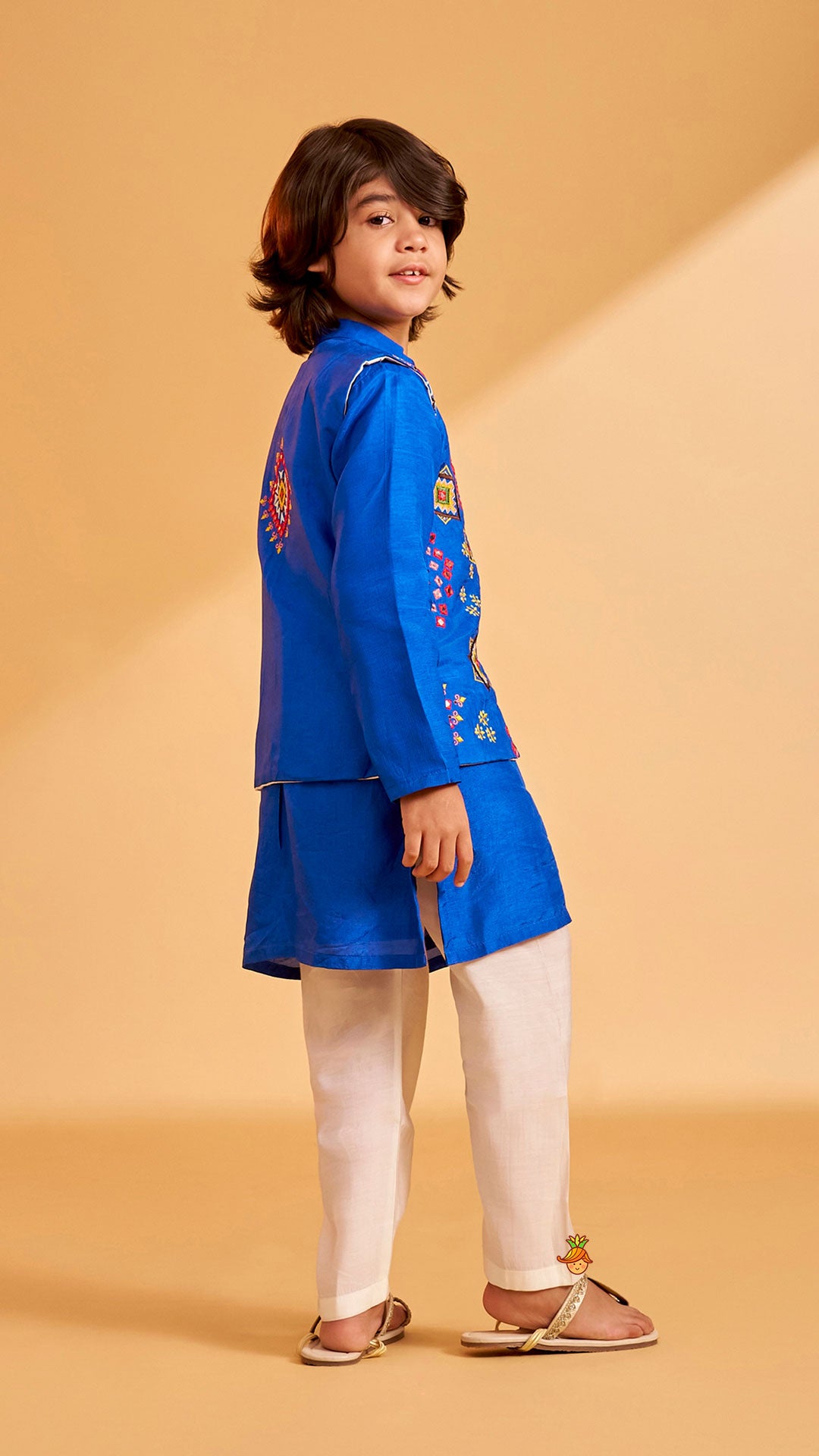 Pre Order: Blue Embroidered Jacket With Kurta And Pyjama