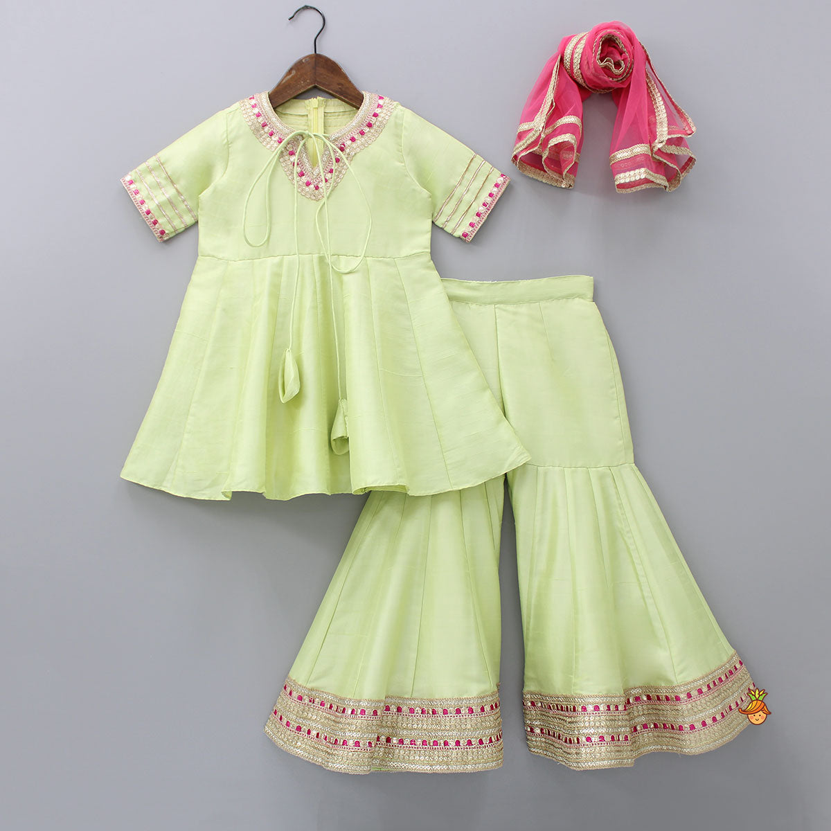 Pre Order: Green Kurti And Sharara With Pink Net Dupatta