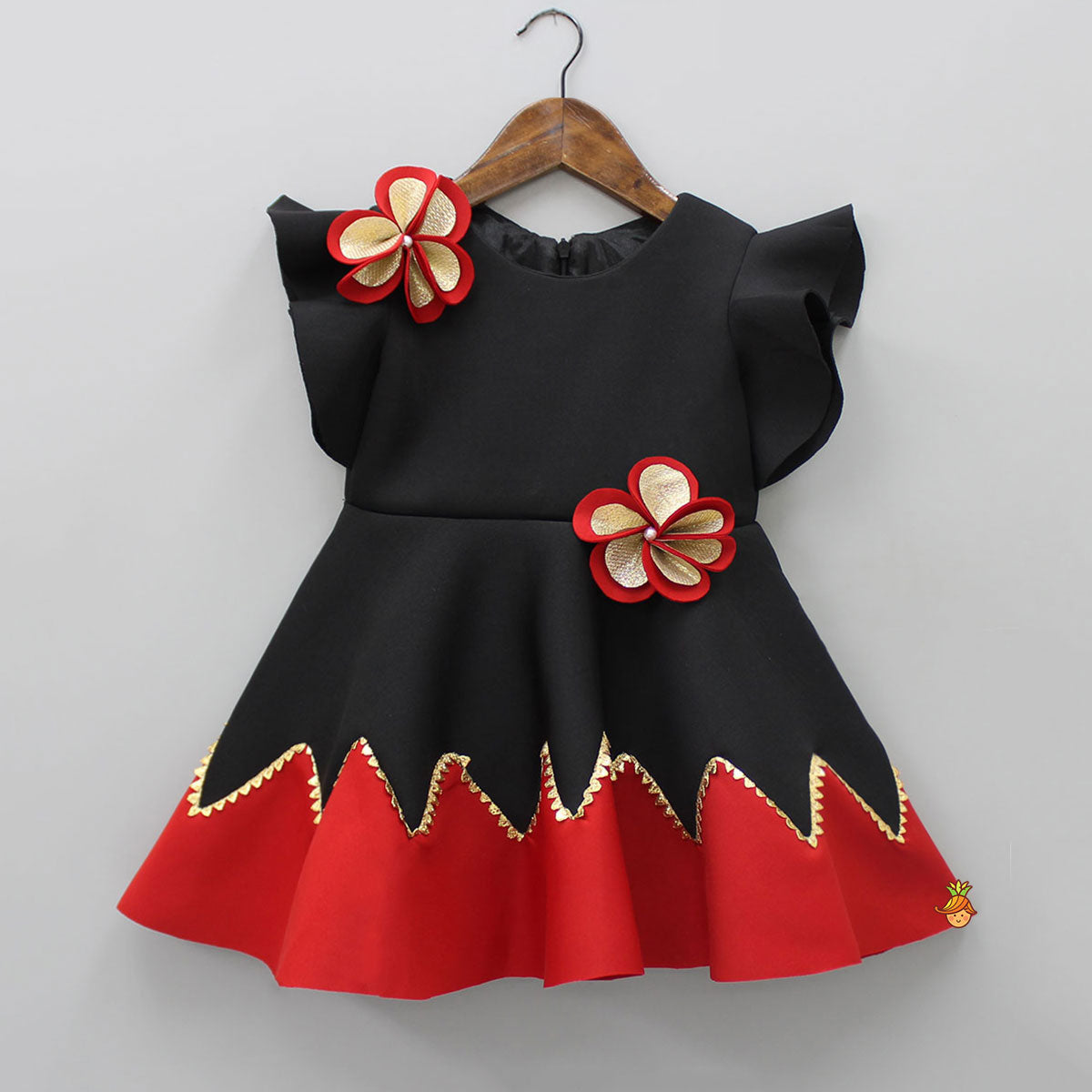 Pre Order: Pearly Flower Embellished Black Fancy Dress With Sling Bag