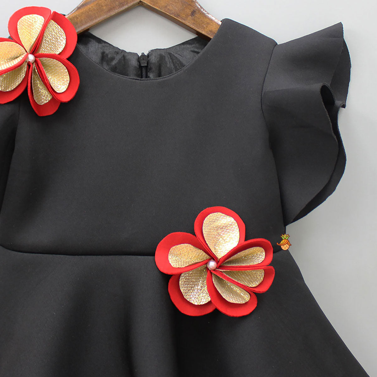 Pre Order: Pearly Flower Embellished Black Fancy Dress With Sling Bag