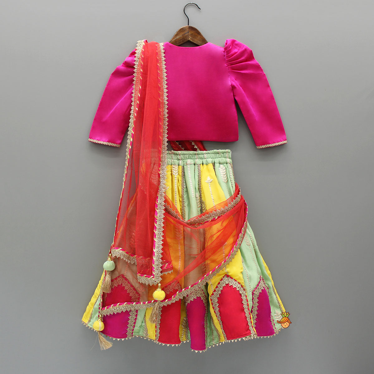 Pre Order: Embroidered Top And Multicolour Lehenga With Attached Dupatta