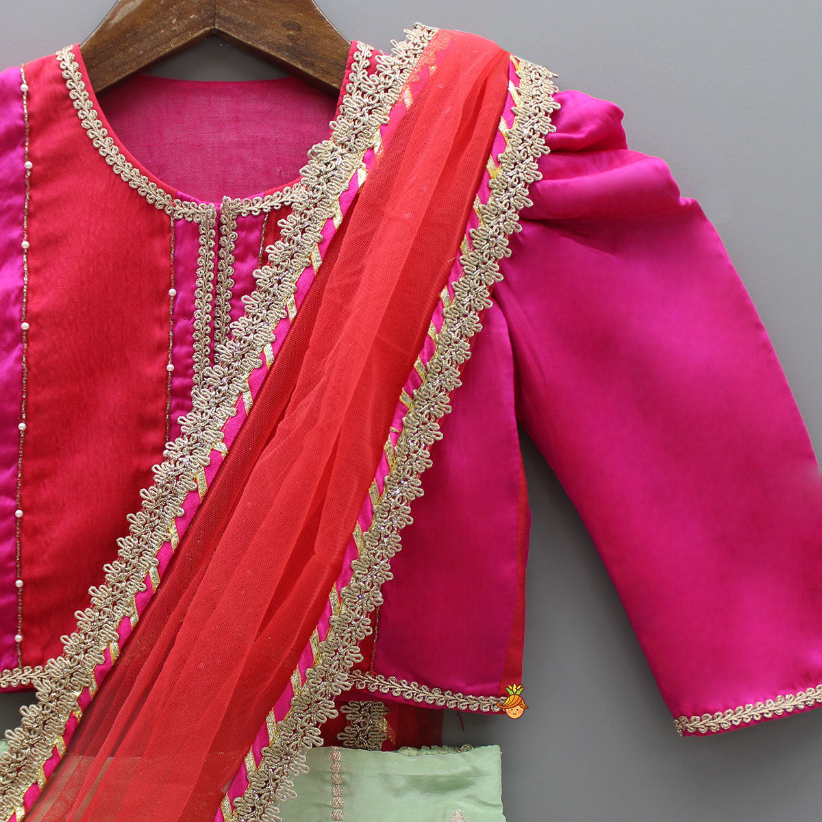 Pre Order: Embroidered Top And Multicolour Lehenga With Attached Dupatta